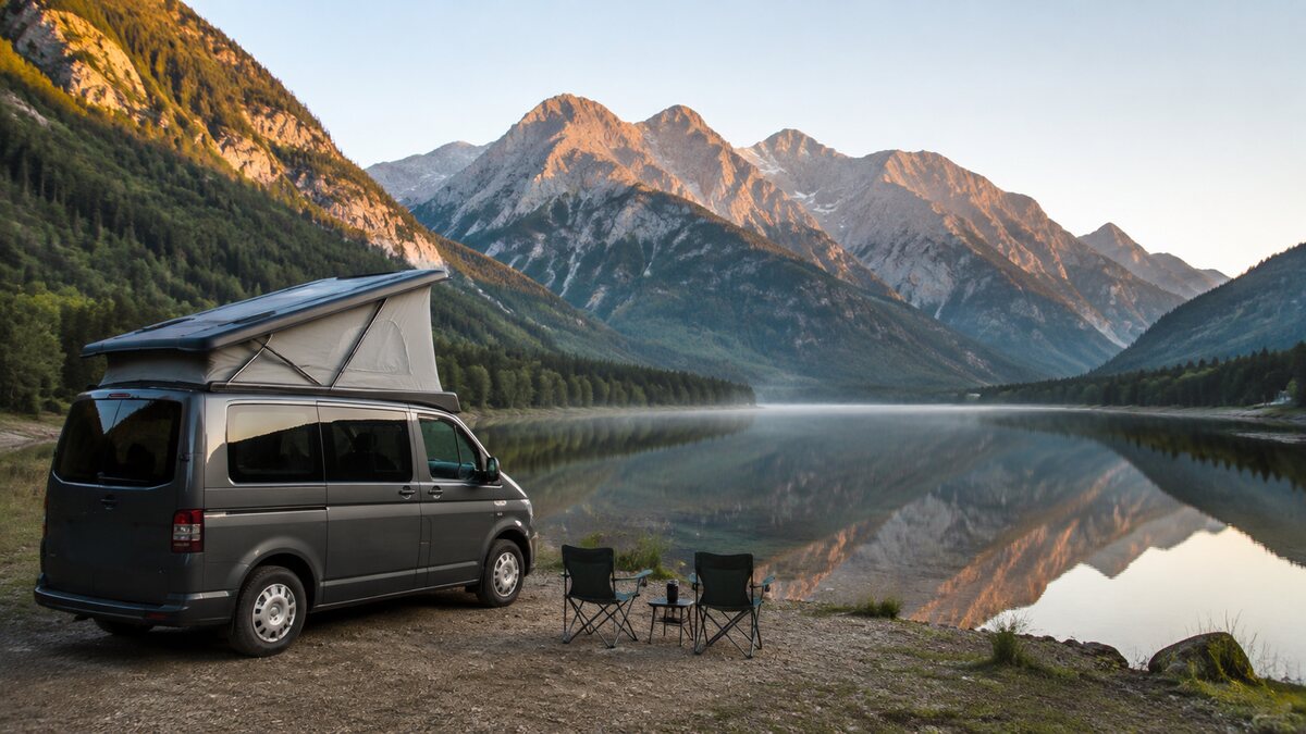 停靠在高山湖泊旁的露营房车